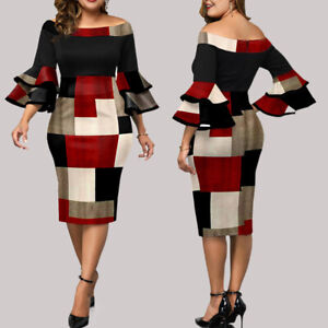 Plus Size Womens Ruffle Long Sleeve Bodycon Dress Office OL Cocktail Party Dress