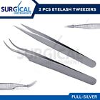 2 Pcs Eyelash Extension Tweezers Straight & Curved Stainless Steel Set German Gr