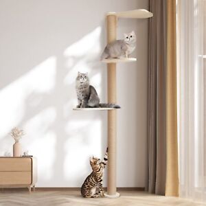 Wood Cat Tower Floor to Ceiling Adjustable, Tree Tall Cat Scratching Post, Ca...