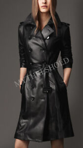 Women Stylish Black Genuine Real Leather Designer Knee Length Trench Coat