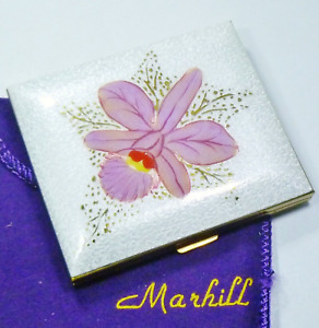 Vintage Marhill Fifth Ave NY Guilloche Enamel Orchid Flower Powder Compact