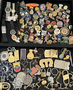 New ListingHuge Junk Drawer Lot Watches Souvenir Pins Buckles Disney Trinkets Scrap