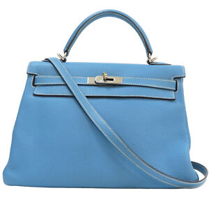 HERMES Kelly 32 Shoulder Handbag Bleu Jean Calfskin Leather