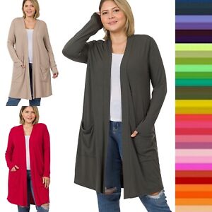 1X 2X 3X Plus Size Long Sleeve Open Cardigan with Slouchy Pockets Knee Length