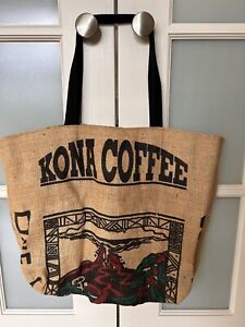 Upcycled Kona Coffee bag Patchwork fabric  lined Burlap Tote