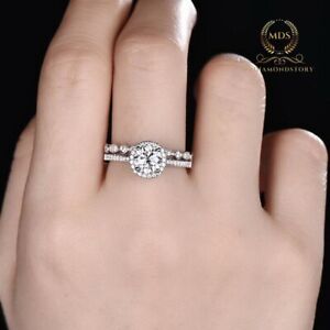 Moissanite Bridal Set Engagement Ring Round Cut 2 CT Solid 14K White Gold VVS1