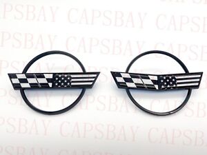 Pair 84-96 Corvette C4 Front Nose and Rear Gas Lid Emblem Badge Black Flag (For: Chevrolet)