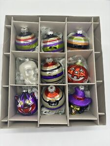 Christopher Radko Shiny Brite Halloween Glass Ornaments Stripes Cat Witch Skull