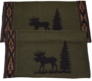 Set Of 2 WOODED RIVER Green Wool Blend Pillow Cases Moose Tree Cabin Lodge Decor