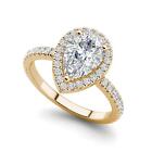 Pave Halo 1.2 Carat SI1/F Pear Cut Diamond Engagement Ring Yellow Gold Treated
