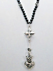 Queen King Baby Studio Sterling Silver Onyx Puffy Crown Heart Rosary Necklace