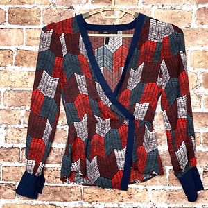 BCBG Woman’s Top Size Extra Small Red Blue Geometric Blouse Low V Neck