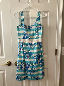 Lilly Pulitzer Shift Dress, Women's Size 2,  Aqua and White Stripes w/ Floral