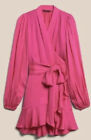 NWT Banana Republic XL Tall Pink Satin Long Sleeve Ruffle Wrap Dress $190