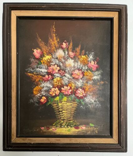 Rare antique original oil painting on canvas still life Flowers by J King 19thC.