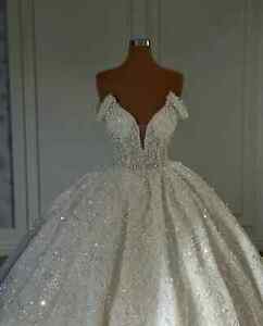 Dubai Sparkly Off the Shoulder Wedding Dresses Luxury Pearls Beaed Bridal Gowns