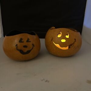 2 Vintage Carved Halloween GOURDS:  Pumpkin Jack O Lantern GOURDs