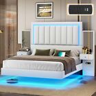 Full/Queen RGB LED Floating Bed Frame with Tall Headboard & 2 Nightstands White