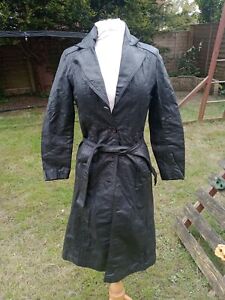 Black Long  Leather Trench Coat Size S 8 Vintage Echtes Leder 80s Goth