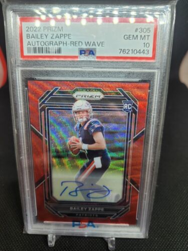 2022 Bailey Zappe Panini Prizm Autograph-Red Wave RC (PSA 10) (Card# 305)