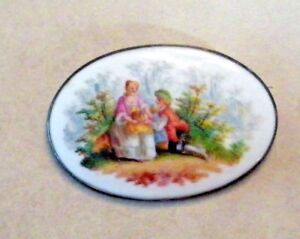 Vintage Bone China OVAL Courting Couple Brooch Mounted in Silver
