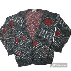 Vintage Le Tigre Cardigan Sweater 80s Knit Geometric Gray Men's Large USA Made