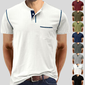 Mens Buttons V-Neck Tops Short Sleeve Work Golf Regular Fit Shirts Blouse US