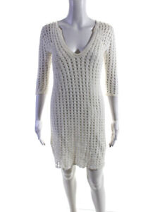 Theory Womens Open Knit V Neck Long Sleeves Dress White Cotton Size Small