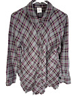 Cabi Womens Size M Highland Flannel Raw Hem Shirt Gray Purple Plaid Button 3946