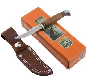Marbles Stacked Leather Handle Hunter Fixed Blade Knife and Belt Sheath