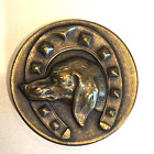 HANDSOME   Large VICTORIAN METAL PICTURE  BUTTON ~  DOG  IN HORSESHOE ~ 1 & 7/16