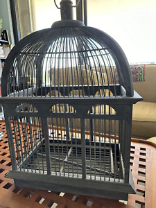 antique bird cage, wood base with removable  tray and grate. working door. metal
