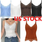 US Women's Lace Trim Crop Tops Sexys V Neck Ribbed Tank Top Camisole T-Shirts