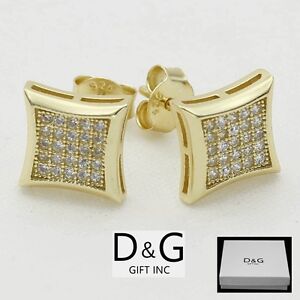 DG Men's Sterling Silver 925 Cubic zirconia 7mm Square,Earring*Gold plated.Box
