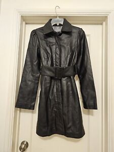 Arden B Black Leather Trench Coat With Belt EUC