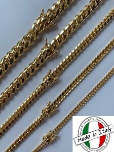 Miami Cuban Link Chain Bracelet 14k Gold Plated Solid 925 Silver Box Lock ITALY