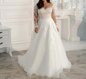 Plus Size Wedding Dress Long Sleeves Lace Applique A-Line Bride Gown Sweep Train