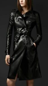 Women Genuine Leather Lambskin Long Overcoat Trench Coat Belted Button Jacket