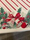 Vintage MCM Christmas Tablecloth Red Stripes Bells and Bows 50’s Rare 5’x8’