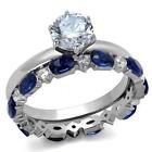 Round Clear & Blue CZ Stainless Steel Wedding Engagement Promise 2 Ring Set