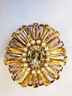 Vintage Rare Schreiner Large Ruffle Buckle Clear Rhinestone Gold Tone Faux Pearl