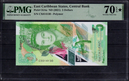PMG 70 TOP POP East Caribbean 5 dollars 2021 Paper Money Guaranty 70* Unc