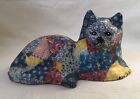 The Calico Cat vintage decoupage patchwork blue red & yellow  cat, 6.75” long