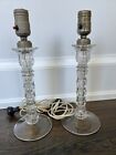 Pair Of Old Vintage Clear Glass candlestick Table Boudoir lamps