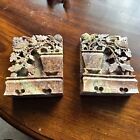New ListingChinese Antique Soapstone Book Ends 5x4 Inch Hand Carved Flowers