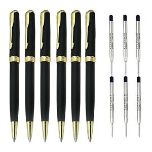 6 Pcs Parker Sonnet Ballpoint Pen（Matte Black Gold Clip）+Free 6 Pcs Black Ink