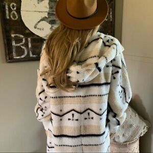 XL New Cozy Oversized Sherpa Hooded Aztec White Cardigan Sweater Coat X-LARGE