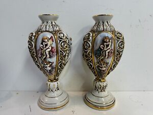 Vintage Capodimonte Italian Keramos Porcelain Pair of Vases w/ Cherub Decoration