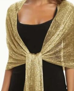 Beautiful Gold Silky Fringe Metallic Cover Up Long Shawl Button Wrap One Size