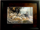 WOLF PICTURE  BLACK WOLF WATCHFUL EYES TERRY DOUGHTY MATTED FRAMED 16X12